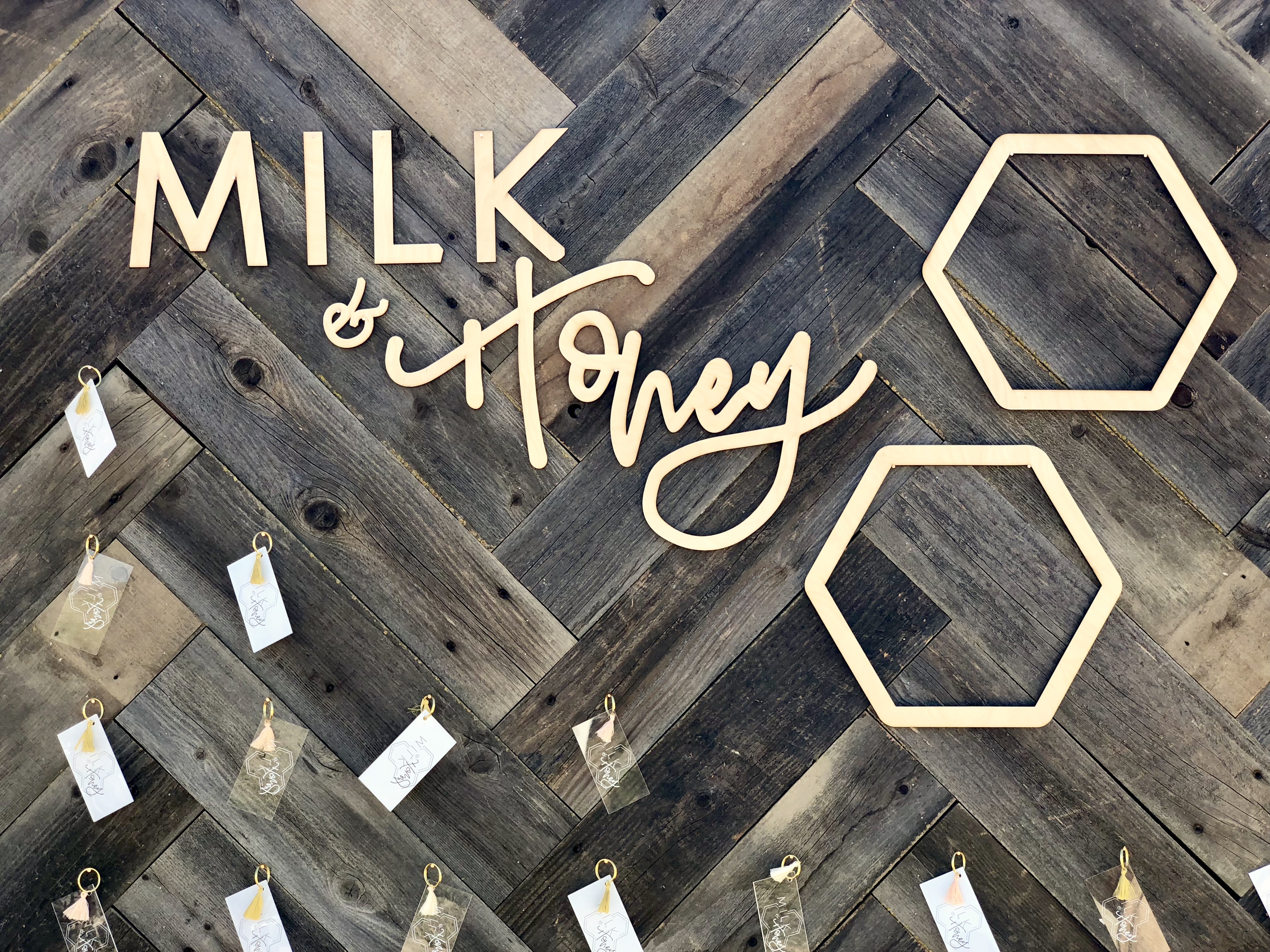 milk and honey welcome sign