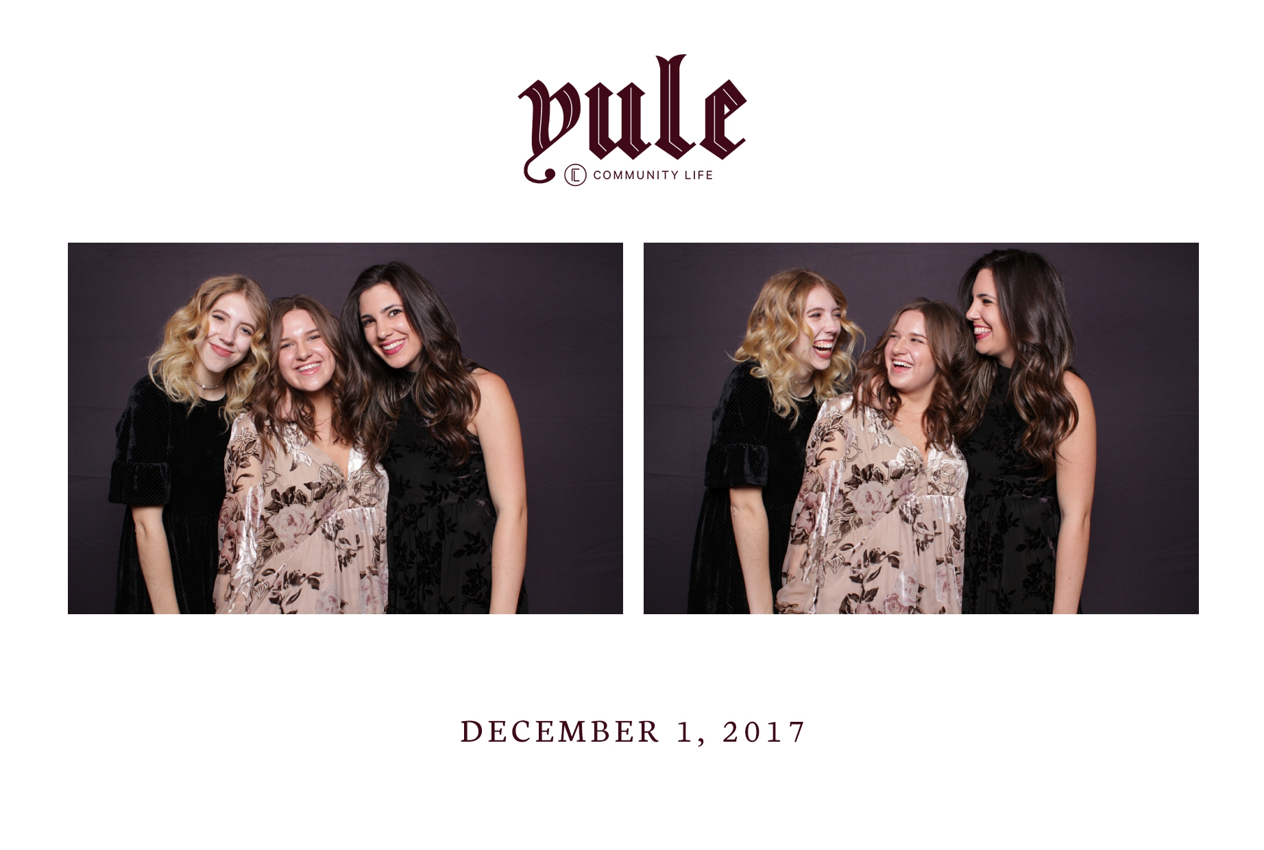 friends laugh in photo booth at yule