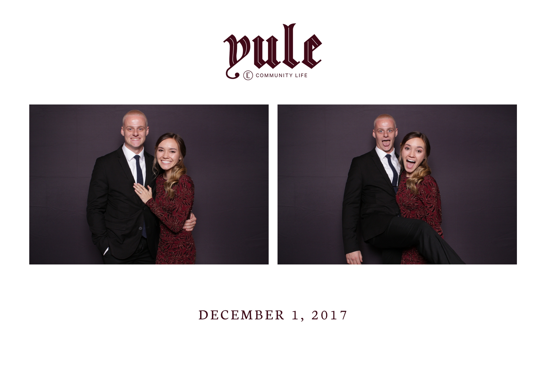 couple poses in yule photo booth