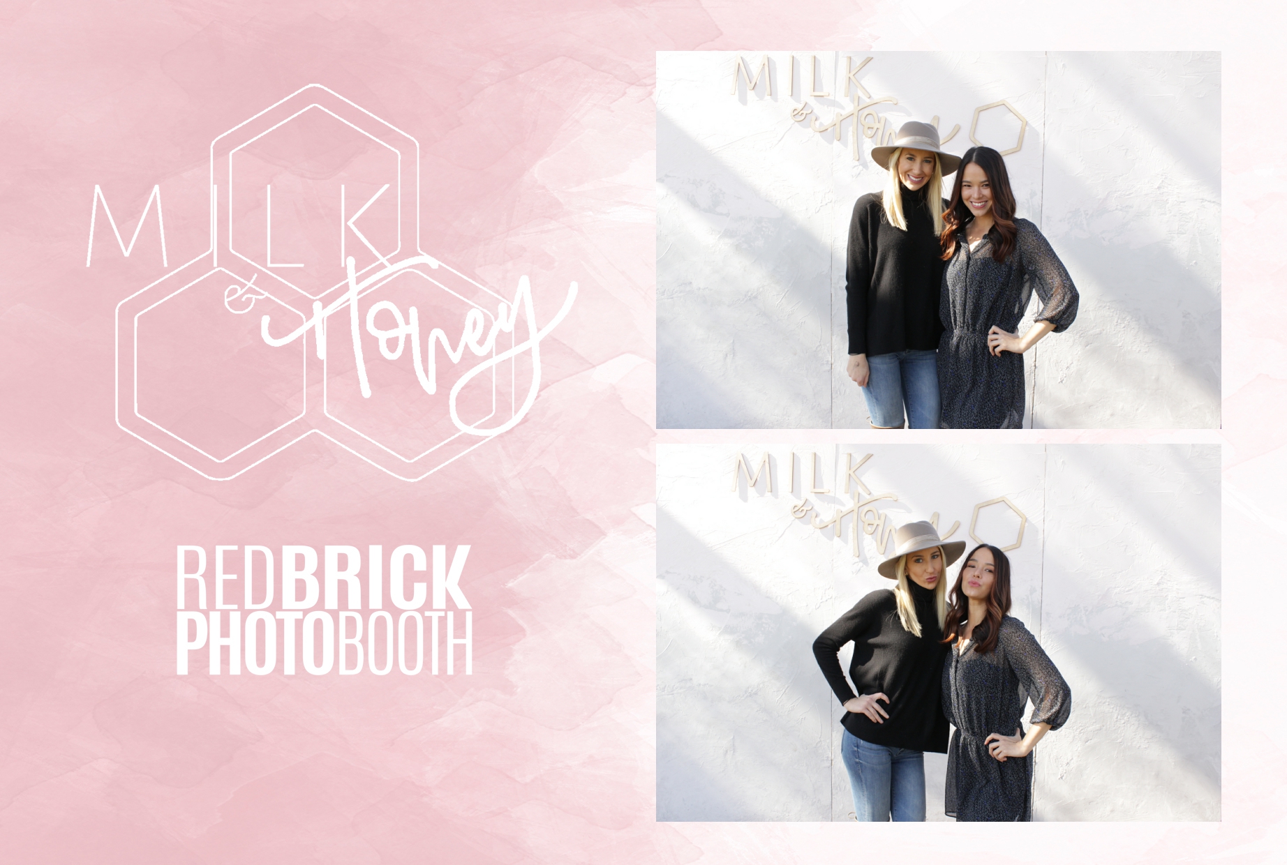 friends at the milk and honey event take photo with red brick photo booth